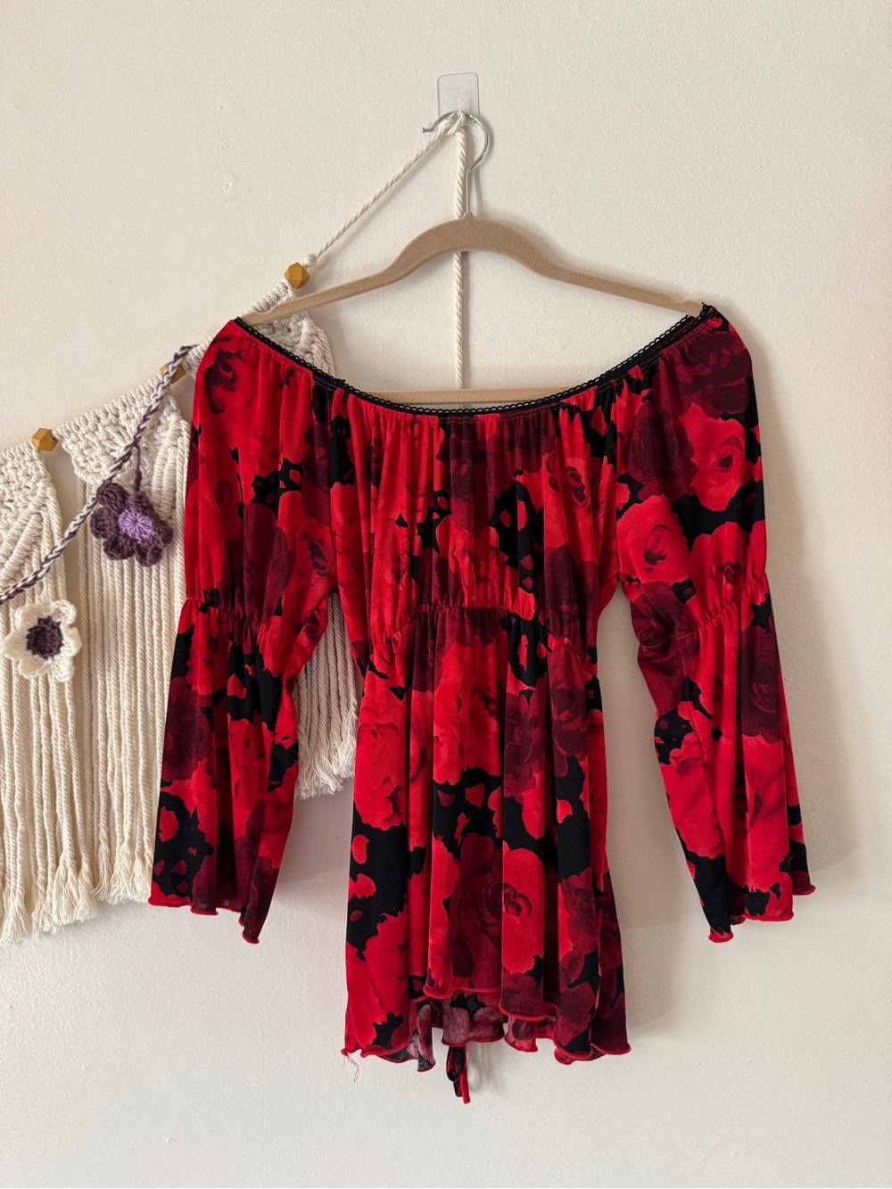Susan Lawrence Red and Black Floral Off-Shoulder Tunic
